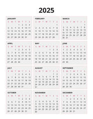 2025 Printable Calendar, Portrait Design, sunday start