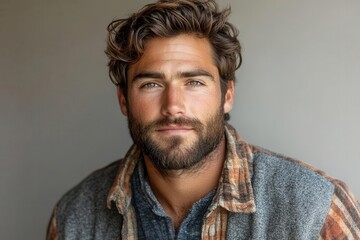 portrait of an attractive young man with a beard, showcasing his rugged charm and confident demeanor against a neutral backdrop