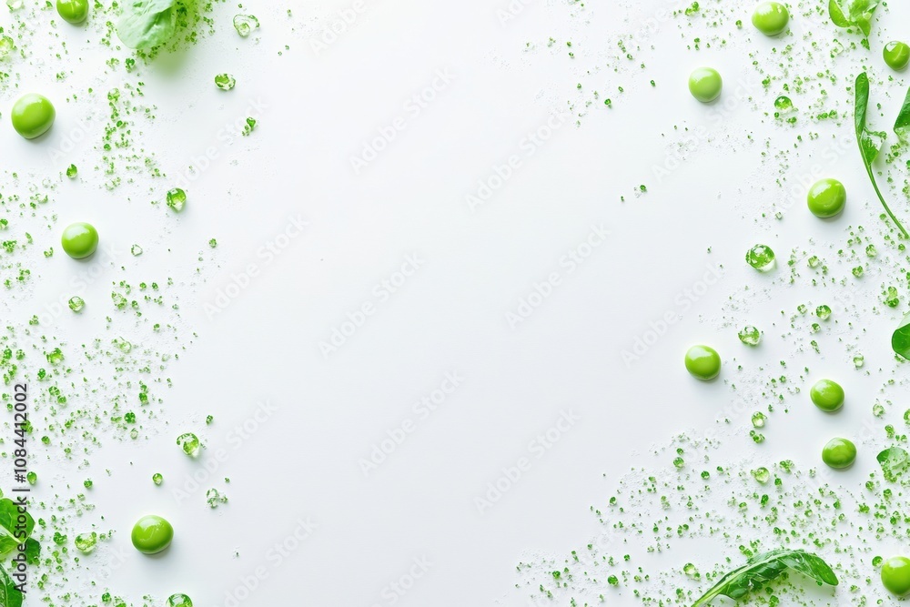 Poster green peas and drops of juice are neatly spread across a white surface, creating a fresh and vibrant