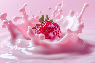 Fototapeta premium Milk crown formation as strawberry drops into pale pink dairy pool.