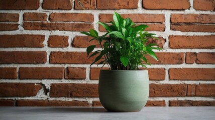 Naklejka premium Green plant in a stylish pot against a brick wall - ecology and interior.