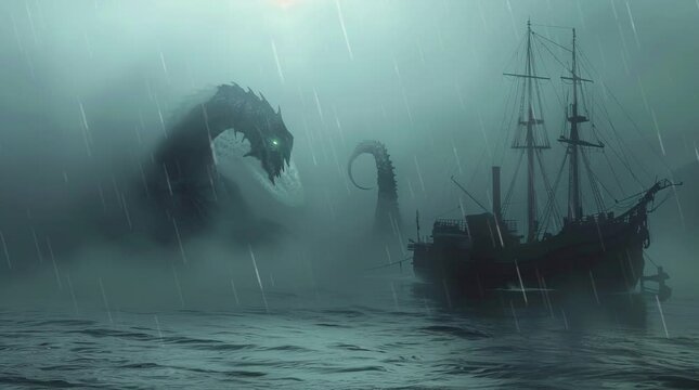 Terrifying sea monster attacking a galleon on a misty lake under a dark sky  
Seamless looping 4k time-lapse virtual video animation Generated AI
