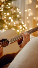 Naklejka premium Cozy holiday vibes with acoustic guitar by the christmas tree