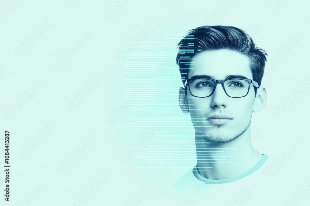 Poster portrait of young man with glasses and digital code overlay in abstract setting