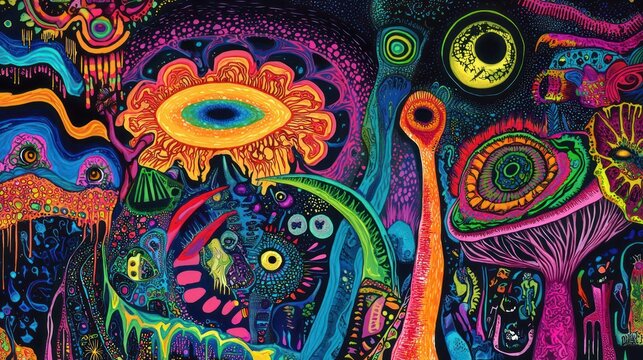 Trippy psychedelic imagery depicting colorful LSD hallucinations, representing an altered state mind