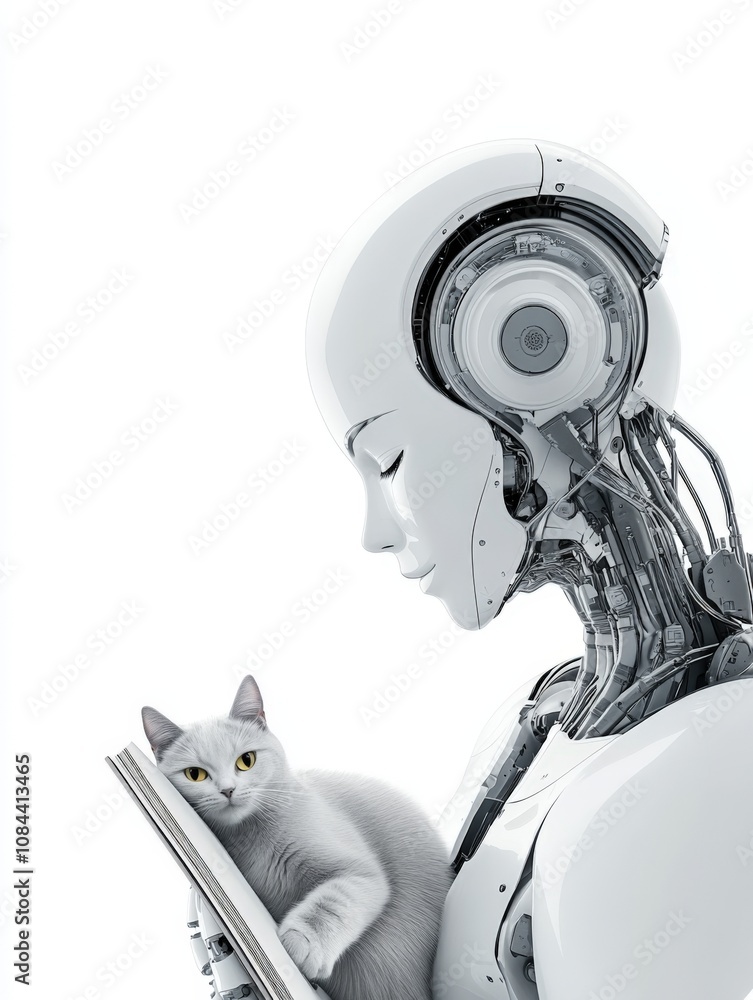 Aufkleber futuristic robot interacting with white cat in minimalist setting