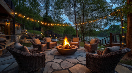 A cozy outdoor patio with rustic stone flooring, a central fire pit surrounded by comfortable wicker chairs with plush cushions, and string lights hanging overhead.