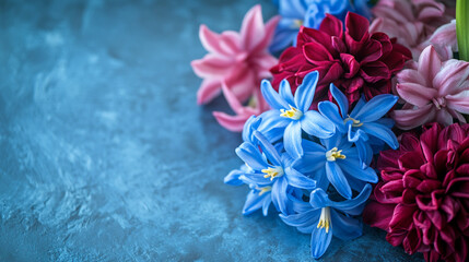 Colorful floral arrangement featuring blue and red flowers on a textured blue background