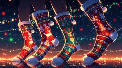 Four colorful Christmas stockings with white pom-poms and reindeer patterns, set against a background of sparkling lights, snowflakes, and a snowy ground, in a festive holiday illustration.