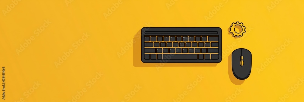 Aufkleber A black keyboard and mouse sit on a vibrant yellow background, featuring a gear overlay that symbolizes tech design and functionality. Generative AI