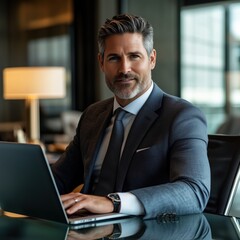 Confident businessman working on laptop in modern office