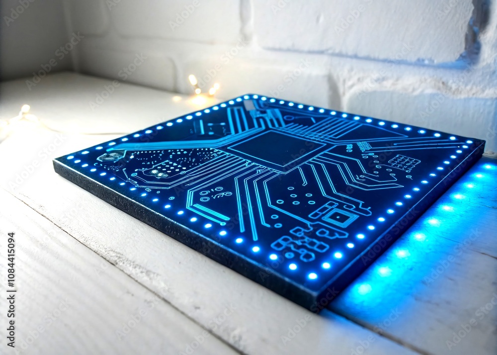 Poster captivating minimalist photography of glowing blue circuitry with abstract patterns and light reflec