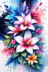 Stunning floral design featuring colorful blossoms, lush leaves. Pink white petals create captivating contrast.For project needing bold, dynamic visual with touch of nature, greeting card, background