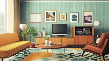 A living room with mid-century modern furniture, a retro coffee table, vintage lighting, and bold geometric patterns.