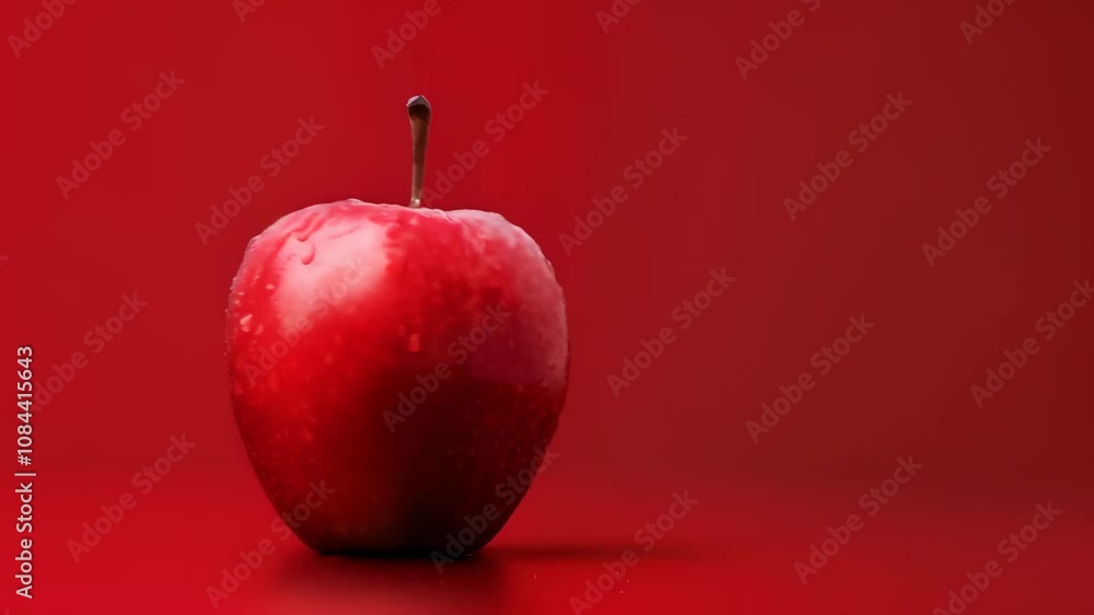 Poster fresh, ripe red apple glistening with water droplets sits on a vibrant, seamless red background, cre