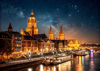 Obraz premium Captivating Night Photography of Mainz Town’s Historic Architecture and Riverside Views Under Starry Skies