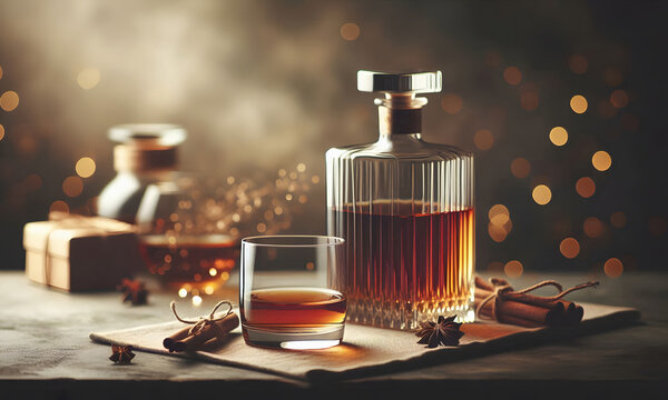 Luxuri&ouml;se Whiskey-Karaffe mit Bokeh Ambiente und sanftem Licht