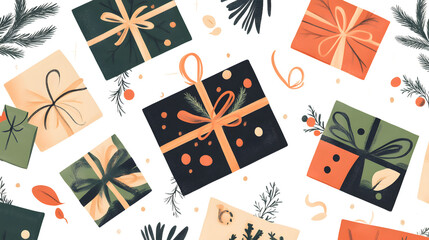 Obraz premium Vector illustration with multiple holiday-themed presents, tags, and gift boxes on a white background