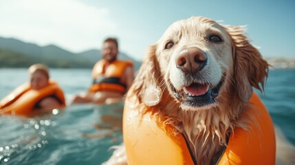 A golden retriever wearing a life jacket swims with its family; the joyful scene embodies companionship and the shared love between a pet and family members.