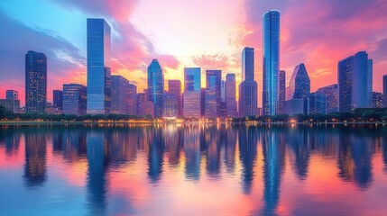 Obraz premium reflective business district skyline featuring sleek skyscrapers mirroring the vibrant colors of the sunset, showcasing a bustling urban cityscape filled with life