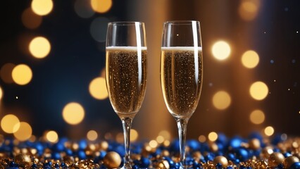 Celebratory sparkling drinks in elegant glasses against a backdrop of soft glowing lights