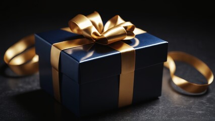 Elegant navy gift box with golden ribbon against a blurred bokeh background glowing softly at night