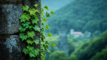 Fototapeta premium Lush green ivy growing on a stone wall with a village in the background.