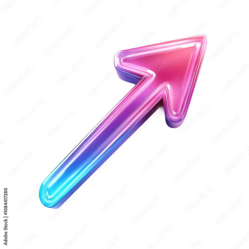 Poster 3d illustration of a diagonal shiny gradient arrow pointing up and right, isolated on transparent ba
