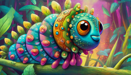 Fototapeta premium oil painting style cartoon character illustration multicolored caterpillar heads