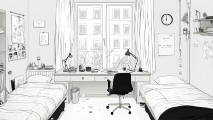 A Serene Dorm Room in Monochrome Featuring Two Beds and a Study Space in Bright Daylight