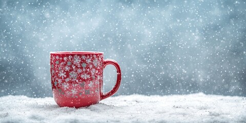 Winter Mug on Snowy Tabletop showcases a vibrant red mug adorned with snowflake patterns, sitting atop a blanket of fresh snow, as delicate snowflakes gently fall in the background.