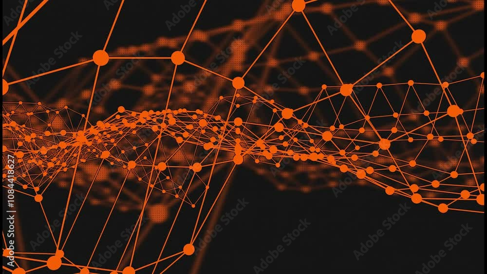 Poster orange geometric network dynamically forming and moving on a black background.