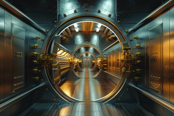 Massive vault door is standing open, revealing a gold vault corridor