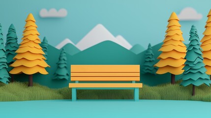 A colorful 3D illustration of a bench surrounded by stylized trees and mountains, set against a vibrant turquoise background.