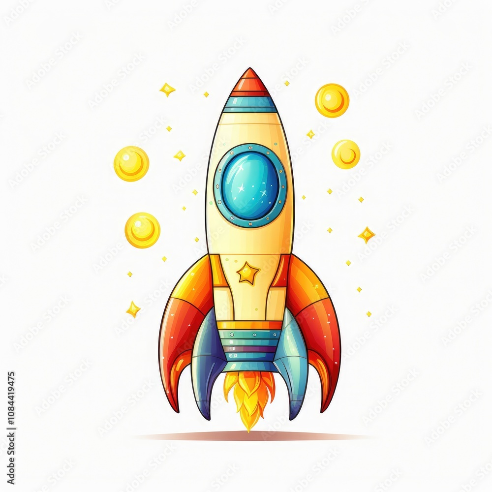 Poster colorful and playful rocket illustration with sparkles and floating coins for creative projects and 