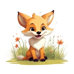 Obraz premium Cute and Playful Cartoon Fox Character Sitting in Flower-Filled Meadow with Happy Expression, Embracing Nature's Charm and Beauty in a Whimsical Style
