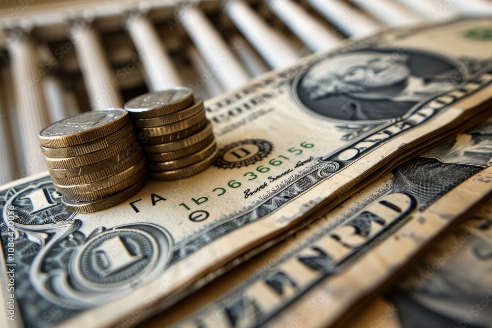 Poster stack of coins sitting on dollar bills with a government building in the background representing con