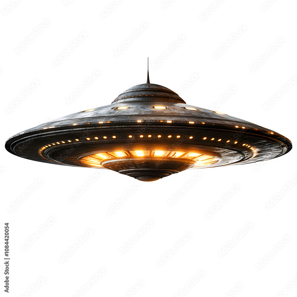 Poster Classic flying saucer hovering with glowing lights, isolated on transparent background, ready for compositing