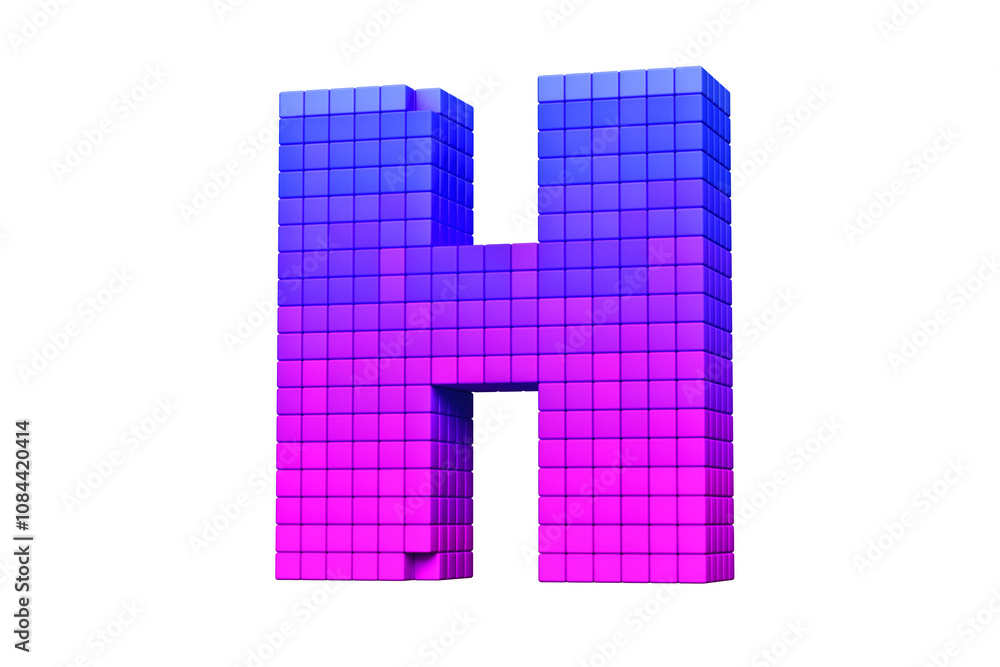 Aufkleber retro style pixel art font letter h in purple to magenta color scheme. high quality 3d rendering.