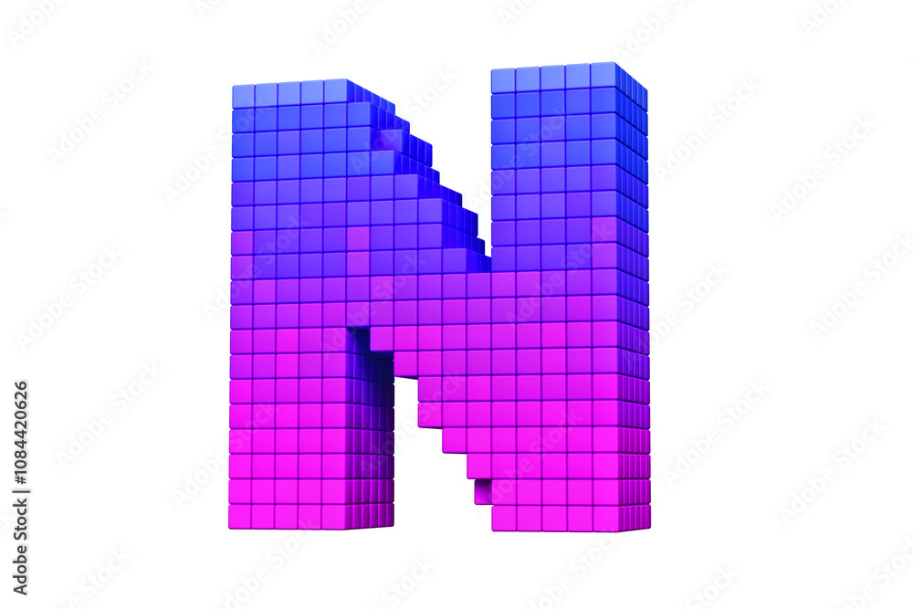 Poster pixel art characters colletction letter n in blue to pink color scheme. high quality 3d rendering.