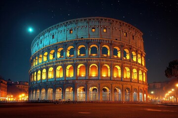 rome's colosseum at night, bathed in silvery moonlight, with stars twinkling above and warm lights illuminating the ancient stones, creating a mystical and dramatic atmosphere
