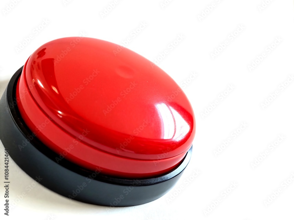 Poster cartoon red button side view with copy space on white background for creative design projects and il