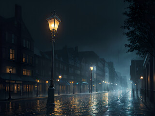 Rainy street at night, lit by a lantern