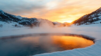 A steaming hot spring lies in a snowy landscape at dusk, framed by distant mountains, creating a mesmerizing interplay of colors and contrasts in nature.