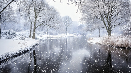 Snowy winter landscape with frosted trees lining a winding path through a serene forest