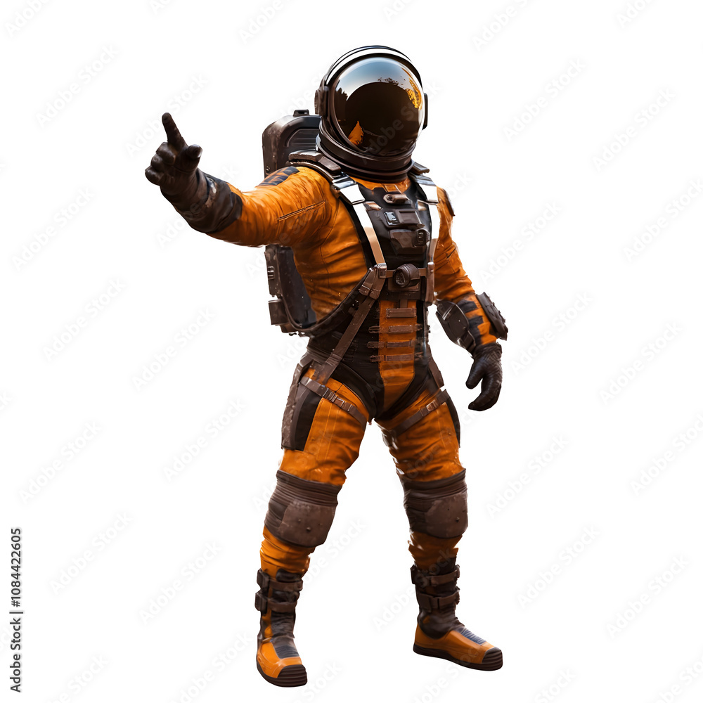 Aufkleber Astronaut in orange and black spacesuit pointing with index finger on transparent background
