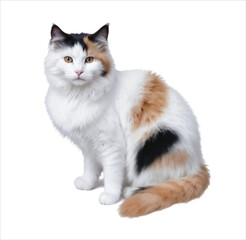 Fototapeta premium Cute sitting cat with fluffy fur and fluffy tail, black white and orange, realistic vector illustration isolated on white background