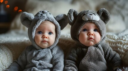 Cute twin babies in animal-themed outfits for a fun photoshoot