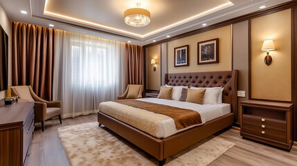 Luxurious bedroom with large bed,  two chairs, and a beige carpet.