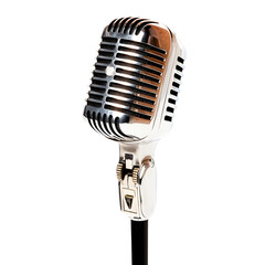 Fototapeta premium Vintage silver microphone on black stand isolated on transparent background, ready for recording vocals or speaking
